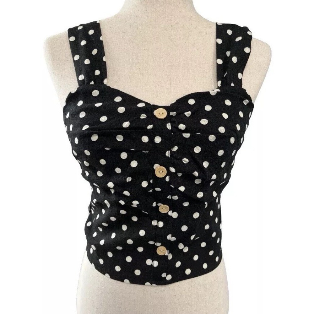 Monteau Black White Polka Dot Crop Tank Top Women Size Medium Baby Doll NWT